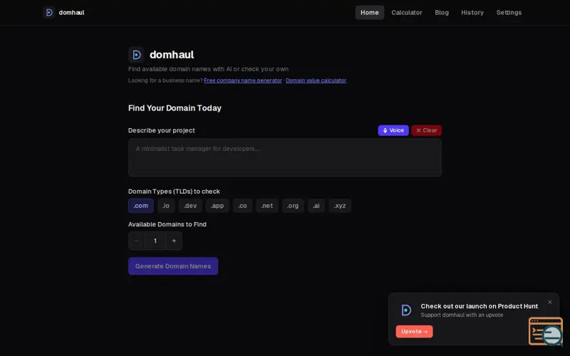 Screenshot of domhaul — Find Available Domain Names