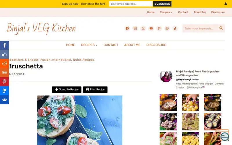 Screenshot of Binjal’s Veg Kitchen, a launch using WP Recipe Maker