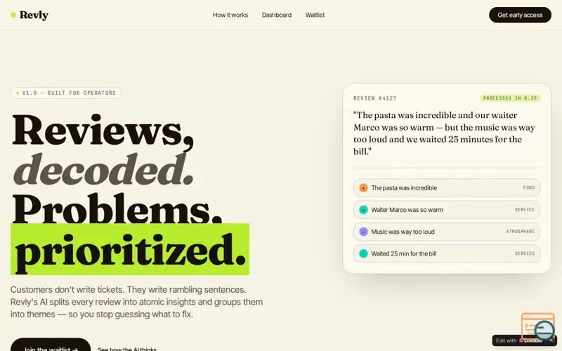 Screenshot of Revly — Raw reviews into a list of fixes