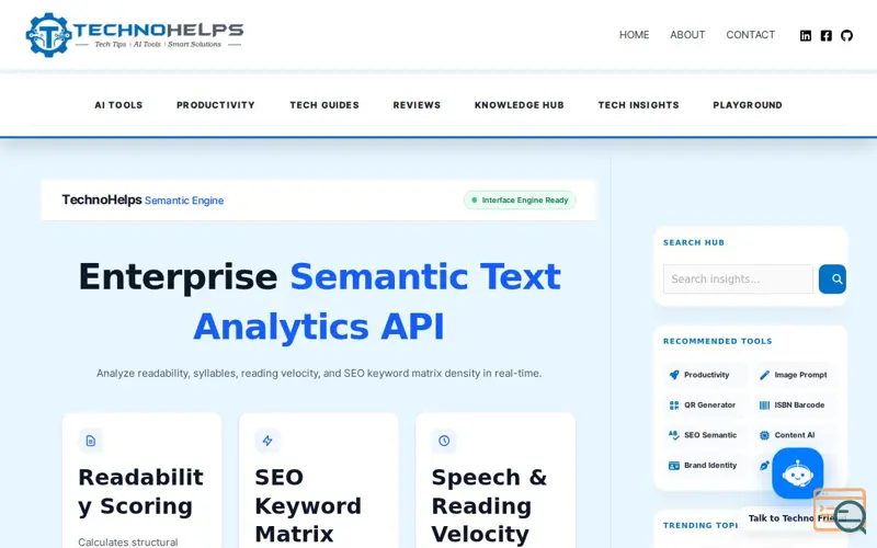 Screenshot of TechnoHelps Semantic Engine I SEO Tool, a launch using Ko-fi