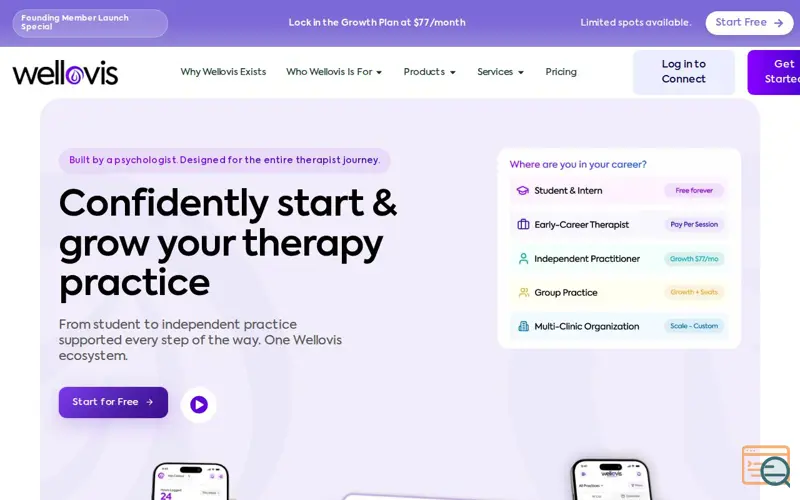 Screenshot of Wellovis — The therapy practice platform
