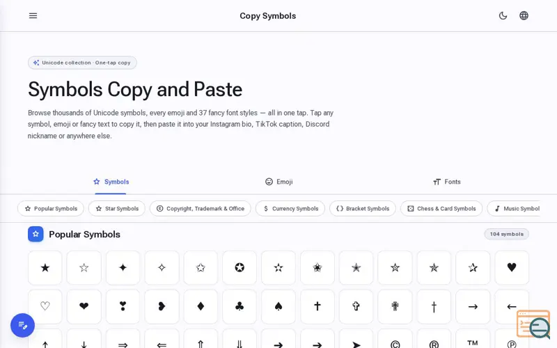 Screenshot of Symbols Copy and Paste