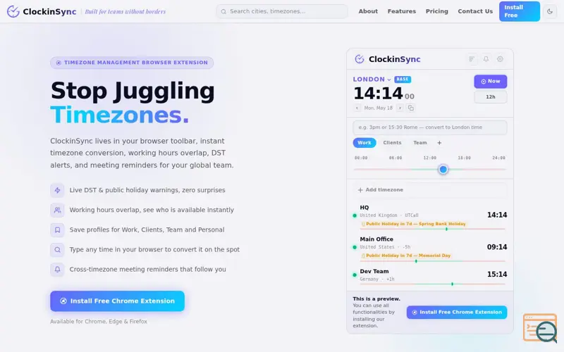 Screenshot of ClockinSync - Smart Timezone Extension
