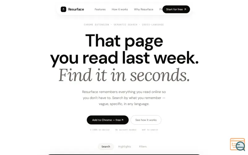 Screenshot of Resurface — Your web, remembered.