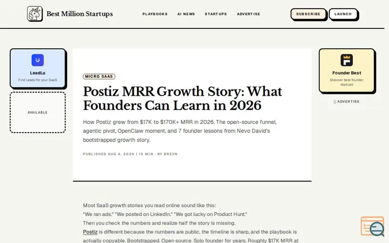 Screenshot of Bestmillionstartups, a launch using Founder.best