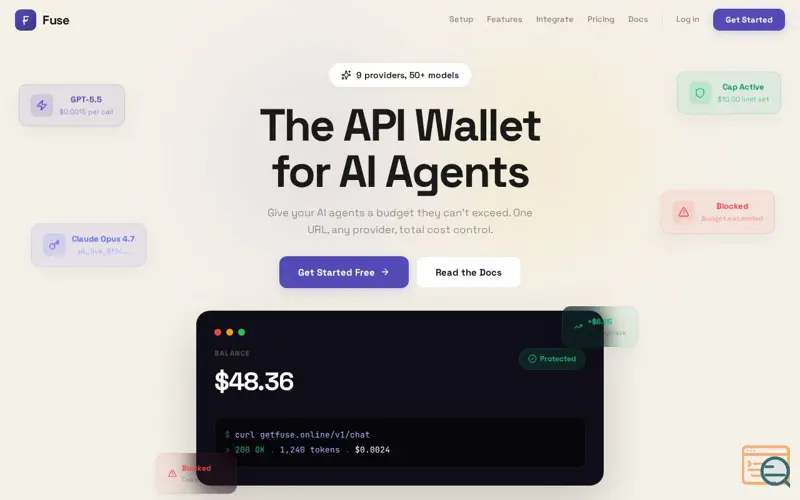 Screenshot of Fuse — The API Wallet for AI Agents, a launch using ImprovMX