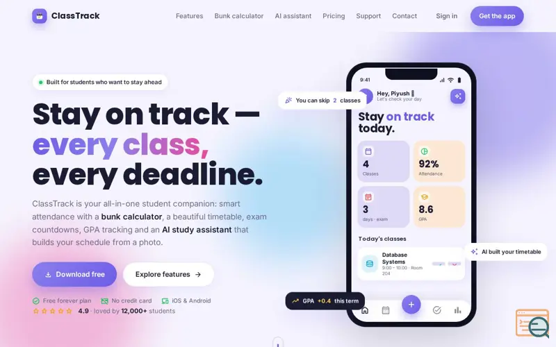 Screenshot of ClassTrack — Attendance, timetable & an AI study buddy for students