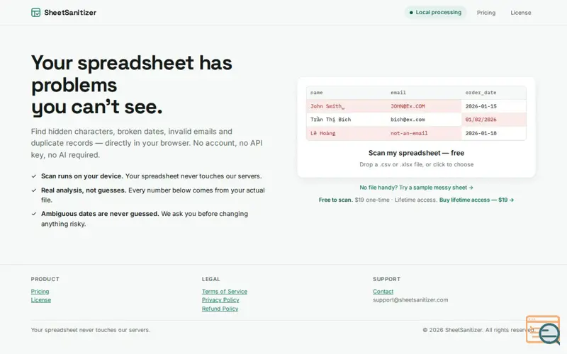 Screenshot of SheetSanitizer — Find the problems hiding in your spreadsheet