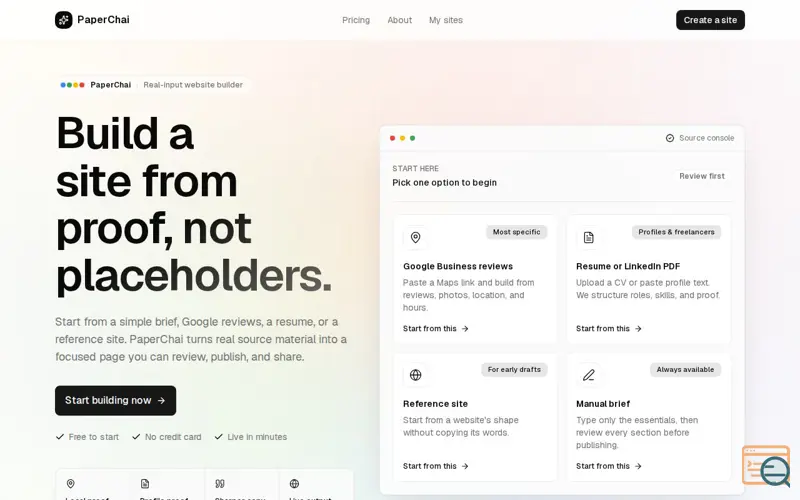 Screenshot of PaperChai — Your site, generated from AI