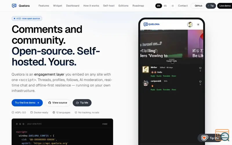 Screenshot of Quelora — Open