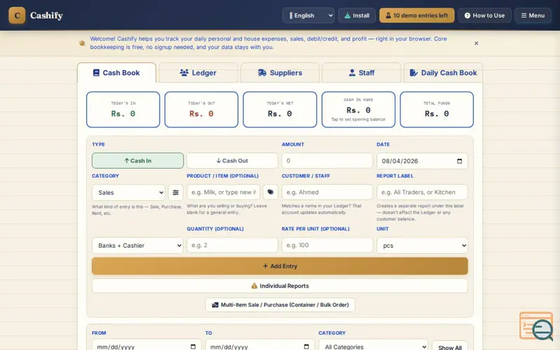 Screenshot of Cashify — Cash Book & Credit Ledger