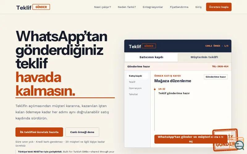 Screenshot of TeklifGönder — Tekliften tahsilata her adım tek kayıtta