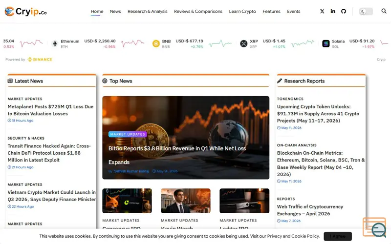 Screenshot of Cryip - A Crypto Research & News Website, a launch using The Events Calendar