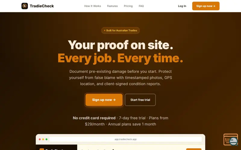 Screenshot of TradieCheck — Proof Before You Start