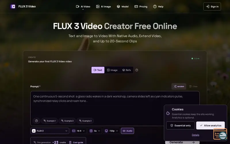 Screenshot of FLUX 3 Video Generator — Cinematic Video with Native Audio