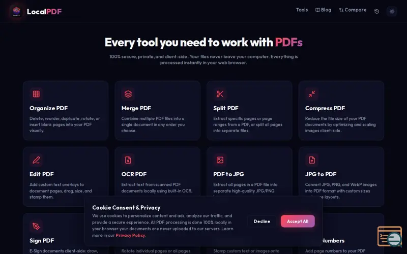 Screenshot of LocalPDF | Free Online PDF Tools – 100% Private, Client-Side
