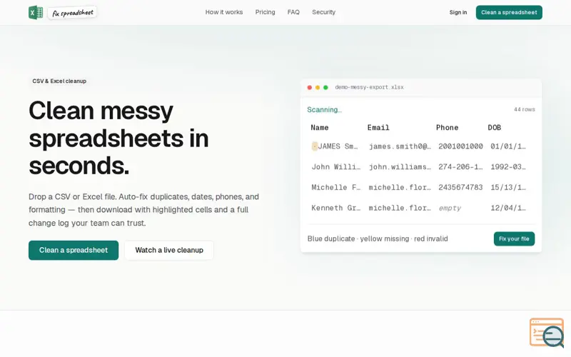 Screenshot of Fix Spreadsheet