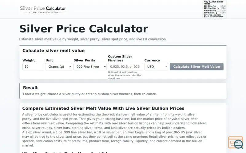 Screenshot of silverpricecalculator.org