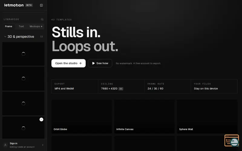 Screenshot of LetMotion: motion templates for design showcases