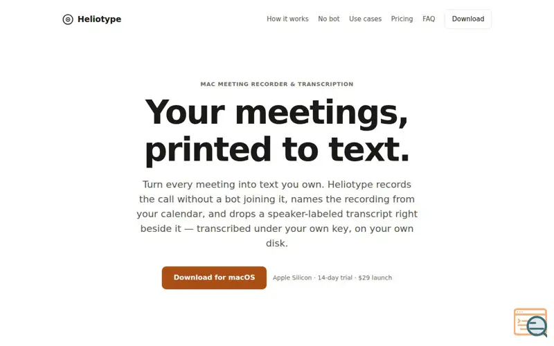 Screenshot of Heliotype — Your meetings, printed to text.