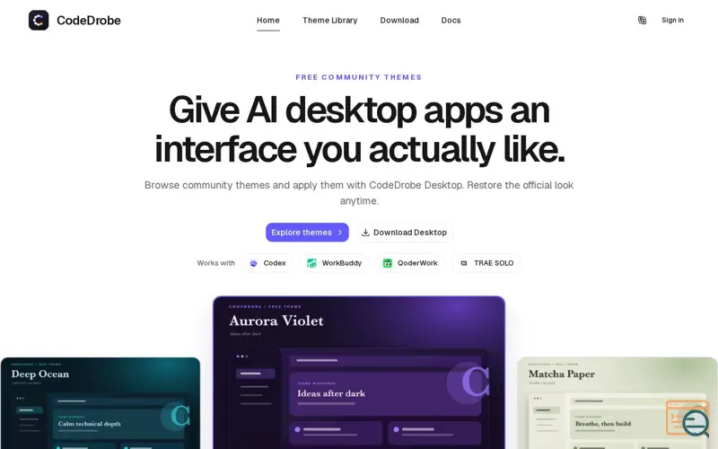Screenshot of CodeDrobe — Community themes for AI desktop apps, a launch using Vibeloft