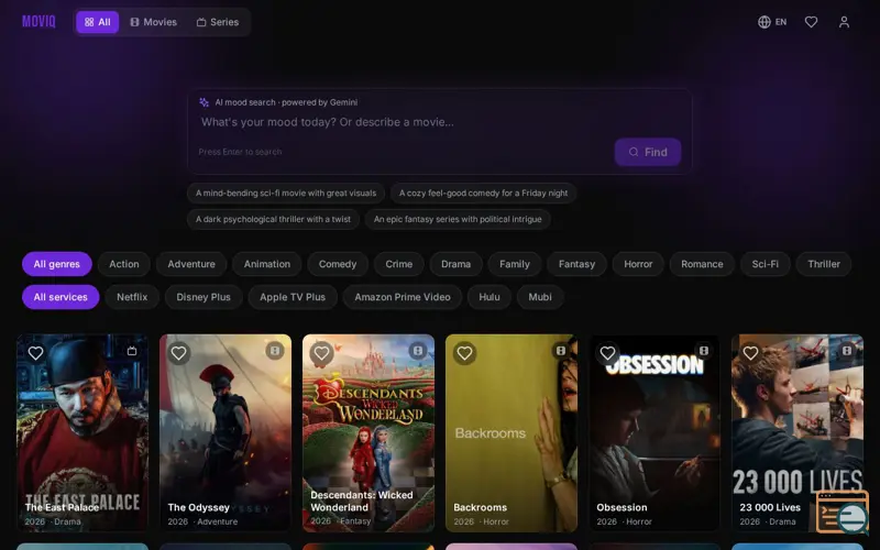 Screenshot of moviq, a launch using Bolt