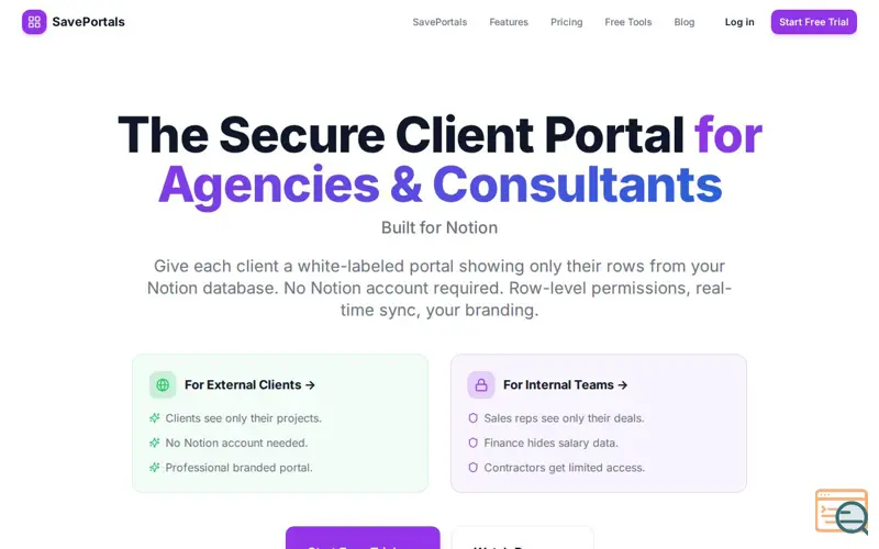 Screenshot of SavePortals - Notion Client Portals