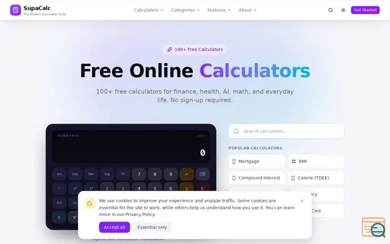 Screenshot of SupaCalc - 100+ Free Online Calculators