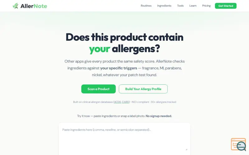 Screenshot of AllerNote