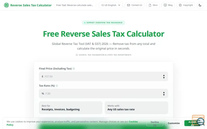 Screenshot of Free Reverse Sales Tax Calculator 2026