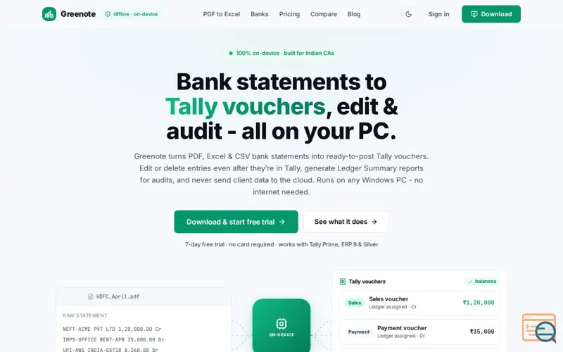 Screenshot of Greenote - Bank statements to Tally, fully offline · Greenote