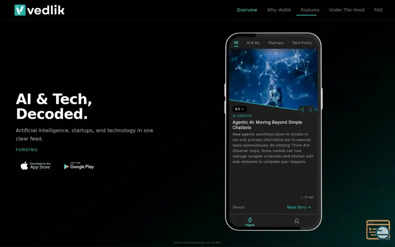Screenshot of Vedlik - AI, Tech & Startup Intelligence
