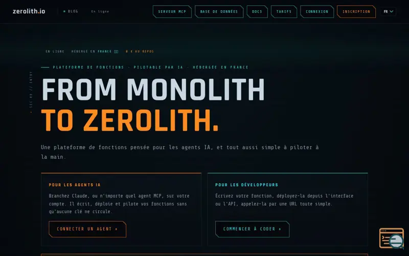 Screenshot of Zerolith — Déployez des fonctions. Payez ce qui s'exécute.