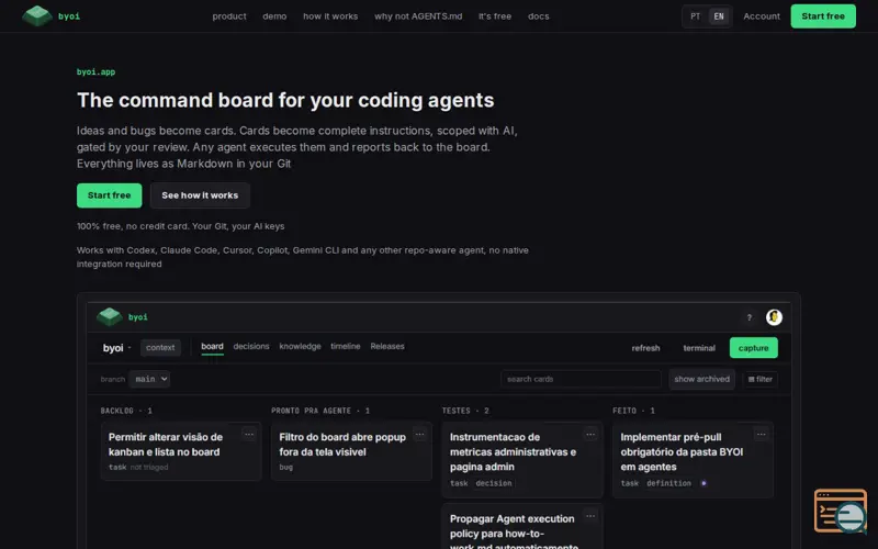 Screenshot of Byoi, the command board for coding agents