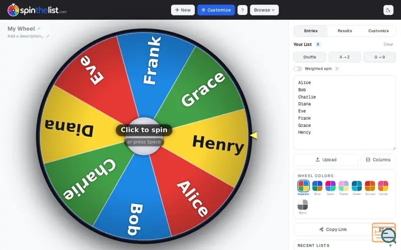 Screenshot of SpinTheList