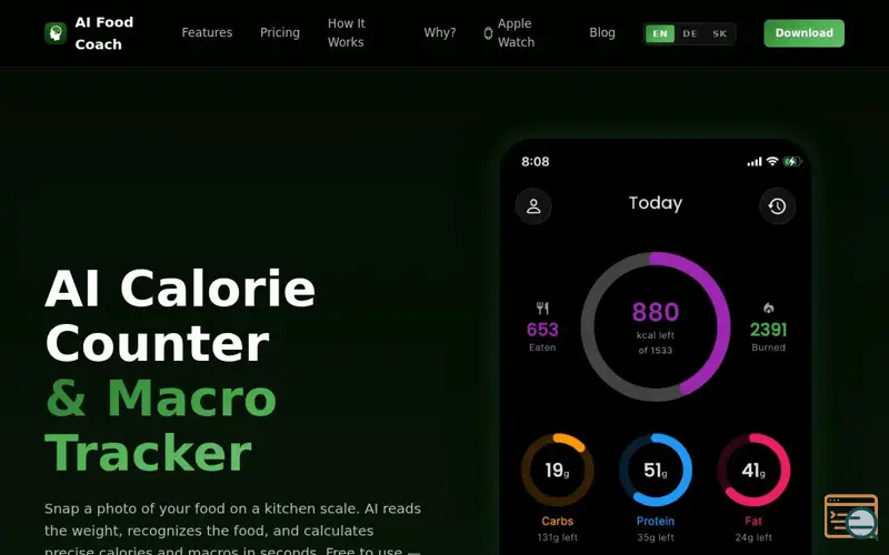 Screenshot of AI Food Coach - Calorie Counter App, a launch using WebSupport DNS