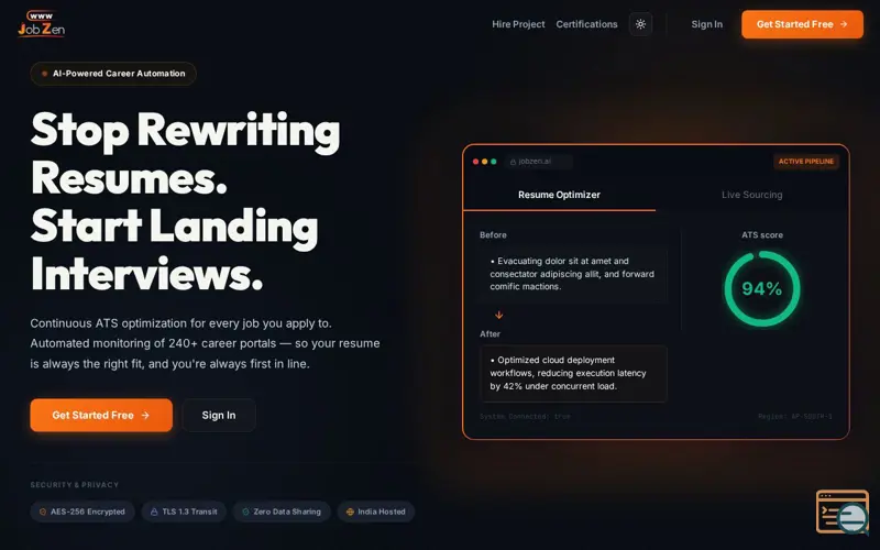 Screenshot of JobZen — AI Job Search Platform for India, a launch using TensorFlow.js COCO-SSD