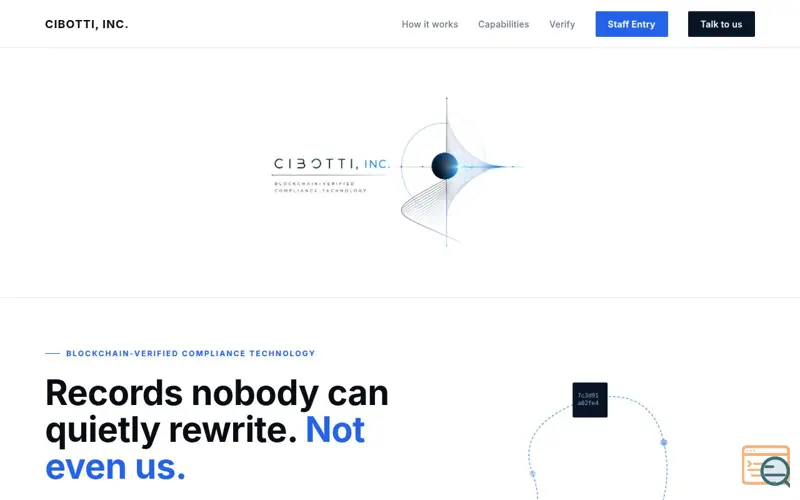Screenshot of Cibotti, Inc. — Blockchain-Verified Compliance Technology