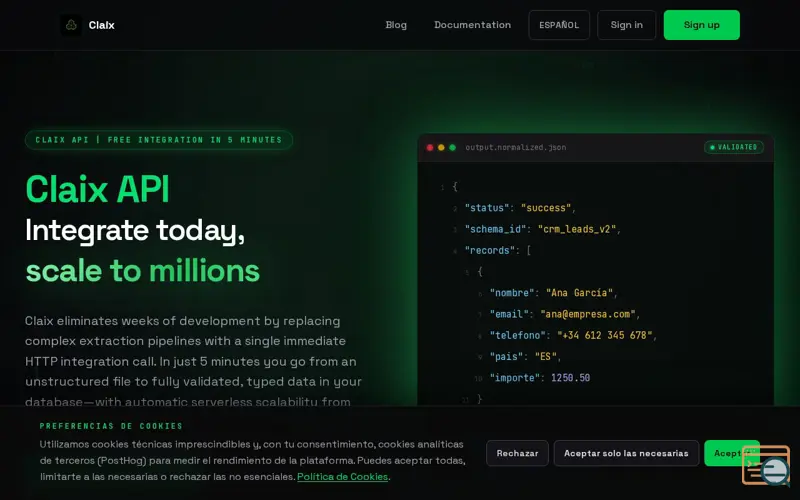 Screenshot of Claix API | Convierte PDFs y Excels a JSON sin escribir código con IA