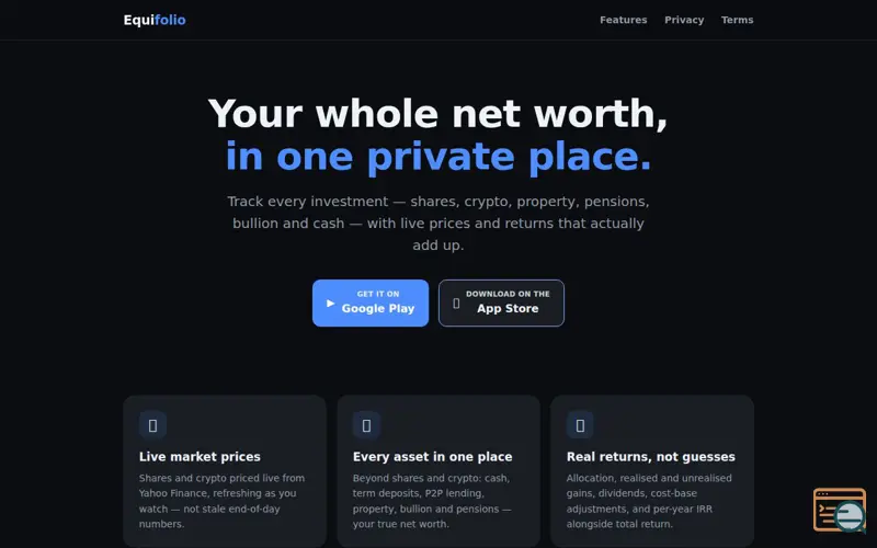 Screenshot of Equifolio — whole net worth, privately