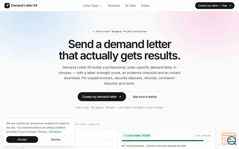 Screenshot of Demand Letter Kit, a launch using SpeedCurve