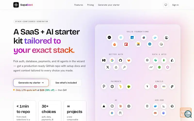 Screenshot of SupaBoot — SaaS + AI starter kit