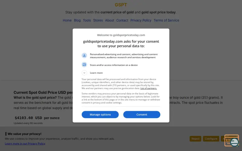 Screenshot of Gold Spot Price Today