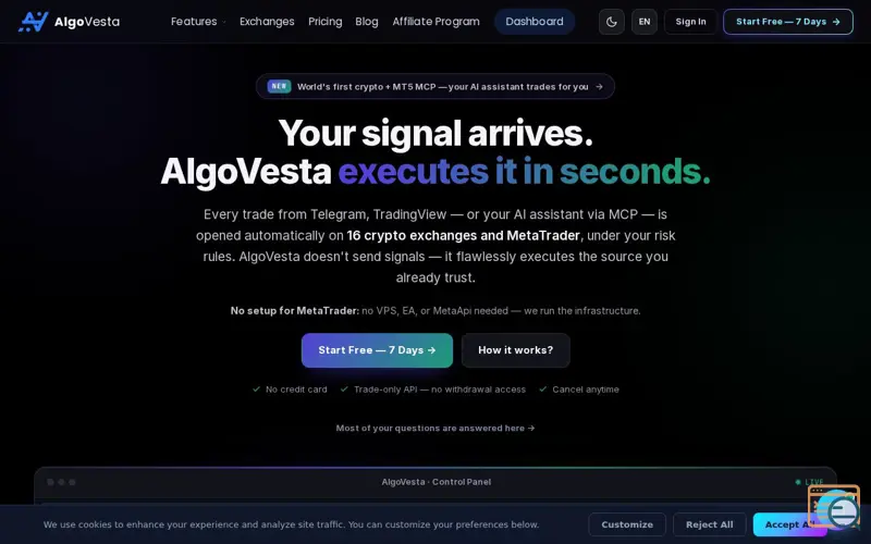 Screenshot of AlgoVesta, a launch using GoDaddy Website Builder