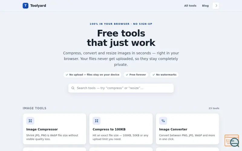 Screenshot of Toolyard — Free Online Image, PDF & Text Tools, No Upload Needed