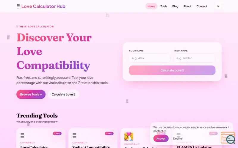 Screenshot of Love Calculator Hub
