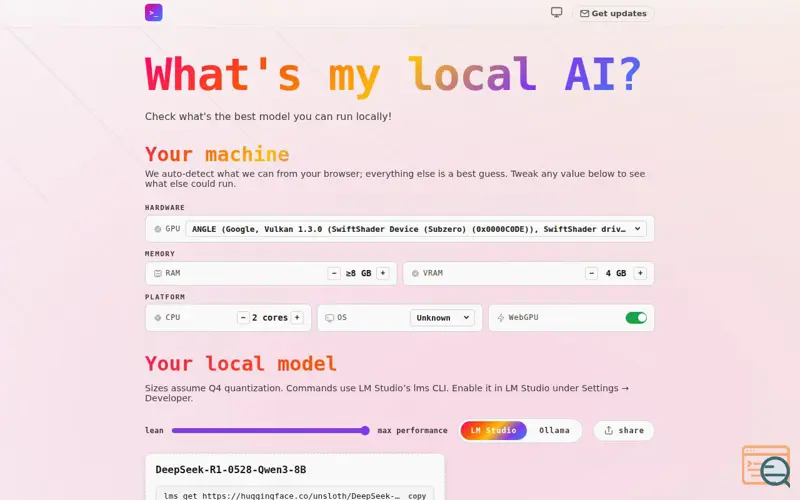 Screenshot of What's my local AI?