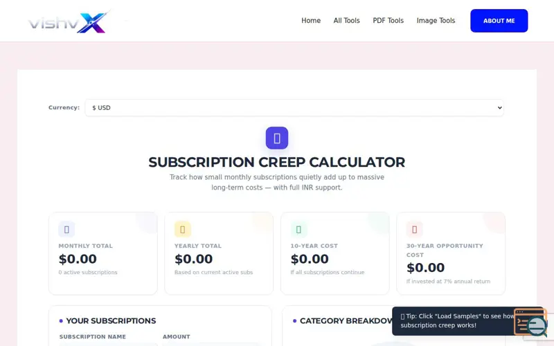 Screenshot of Subscription Creep Calculator by vishvX