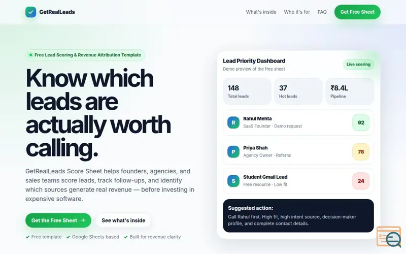Screenshot of GetRealLeads- Free Lead Score Sheet