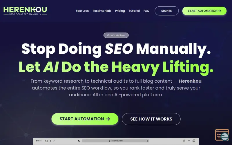 Screenshot of Herenkou | AI SEO Machine, a launch using Jarallax